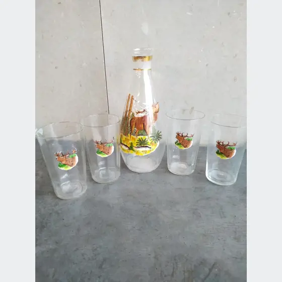 Fľaša + 4x pohár (sklo, jeleň, 2dcl)
