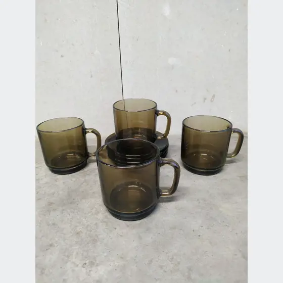 4-dielna kávová/čajová sada (hnedé sklo, 8cm výška šálky)