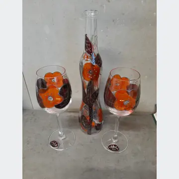 Sklenená fľaša + 2 poháre (Handmade)