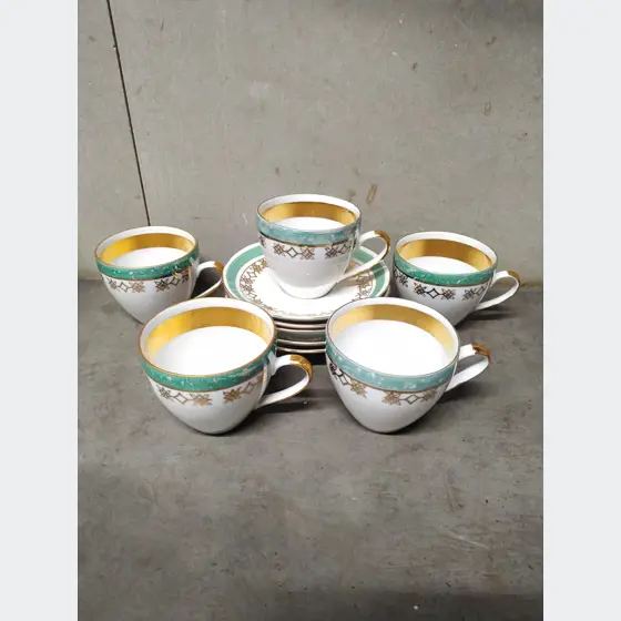Kávová sada (zeleno-biela, zlatý okraj, 5x podšálka, 5x šálka)